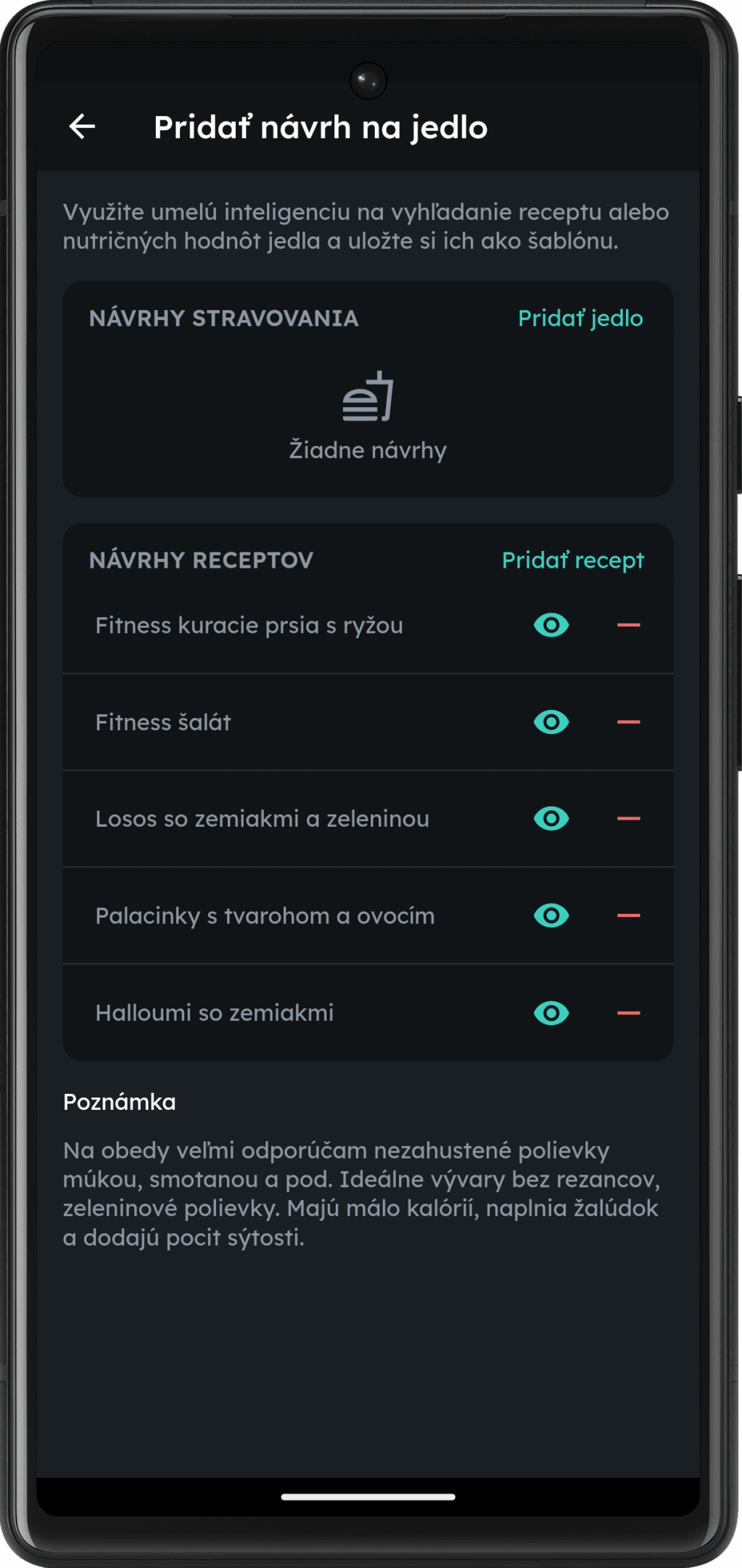 Náhľad aplikácie pridať návrh na jedlo